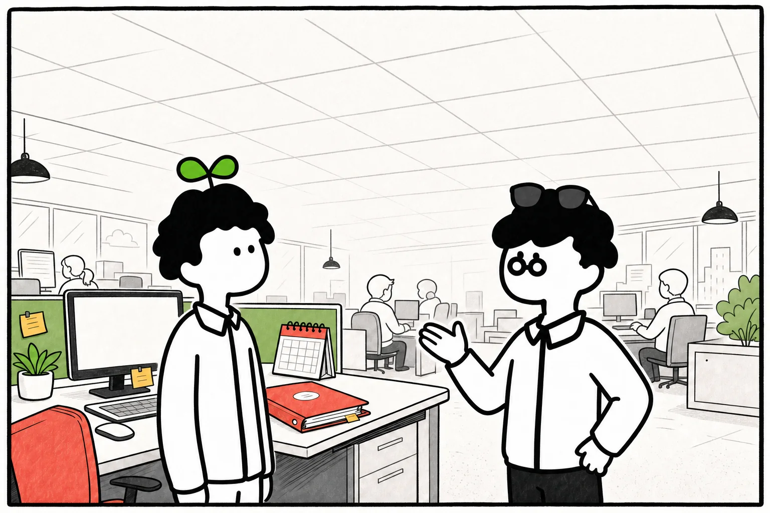 小明在办公室接受第一项职场任务的漫画场景